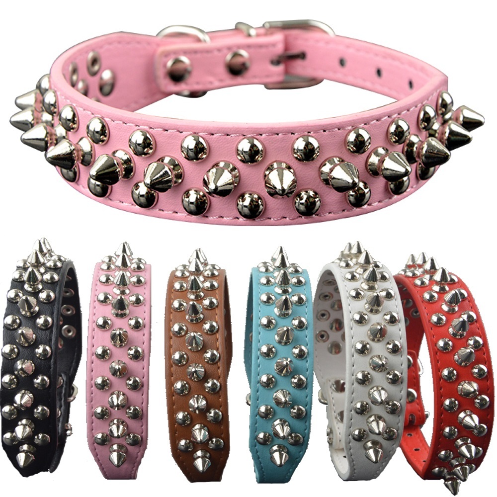 Studded Spiked Dog Collar Genuine Faux leather Bully Spike Puppy & Small  Breed