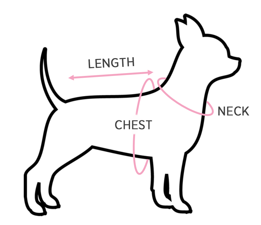 Dog measuring guide. Neck: circumference of neck to be measured from base. Chest: circumference of chest to be measured from top of back, between the shoulder blades, down around the torso behind the front legs and back to the starting point between shoulders. Length: this is a measurement from between the shoulder blades, running along the top of the dogs spine, to the base of it's tail.