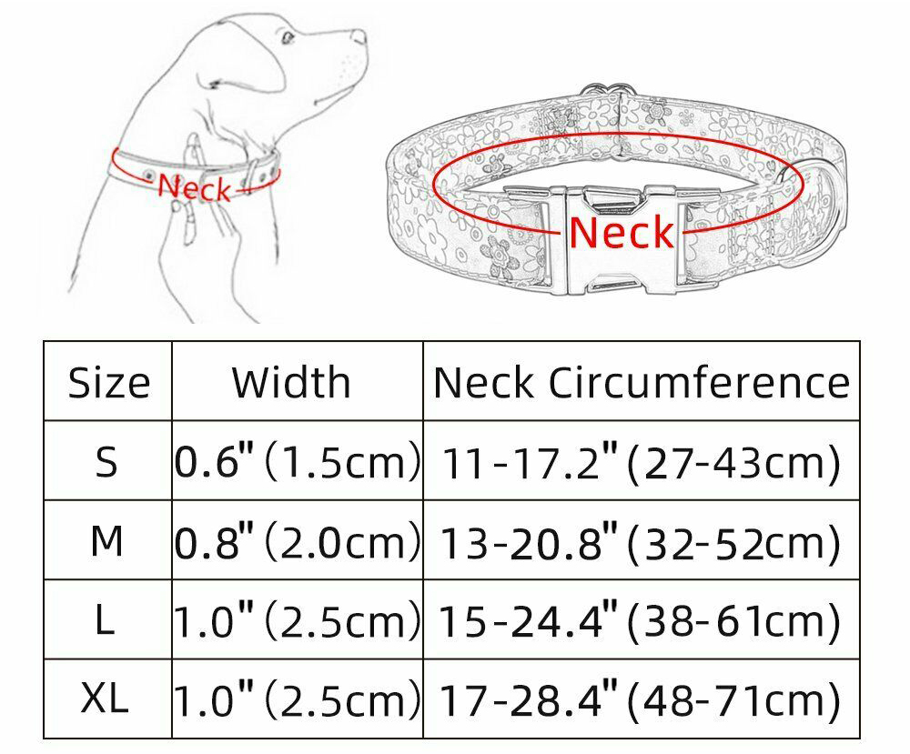 Collar measurements. Small - fits neck between 27 to 43 centimeters. Medium - fits neck between 35 to 52 centimeters. Large - fits neck between 38 to 61 centimeters. Extra large - fits neck between 48 to 71 centimeters
